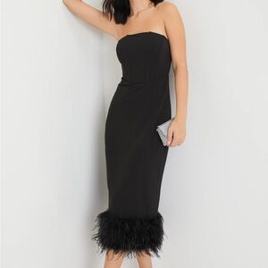 Fancy Black Bustier Strapless Feather Midi Dress
